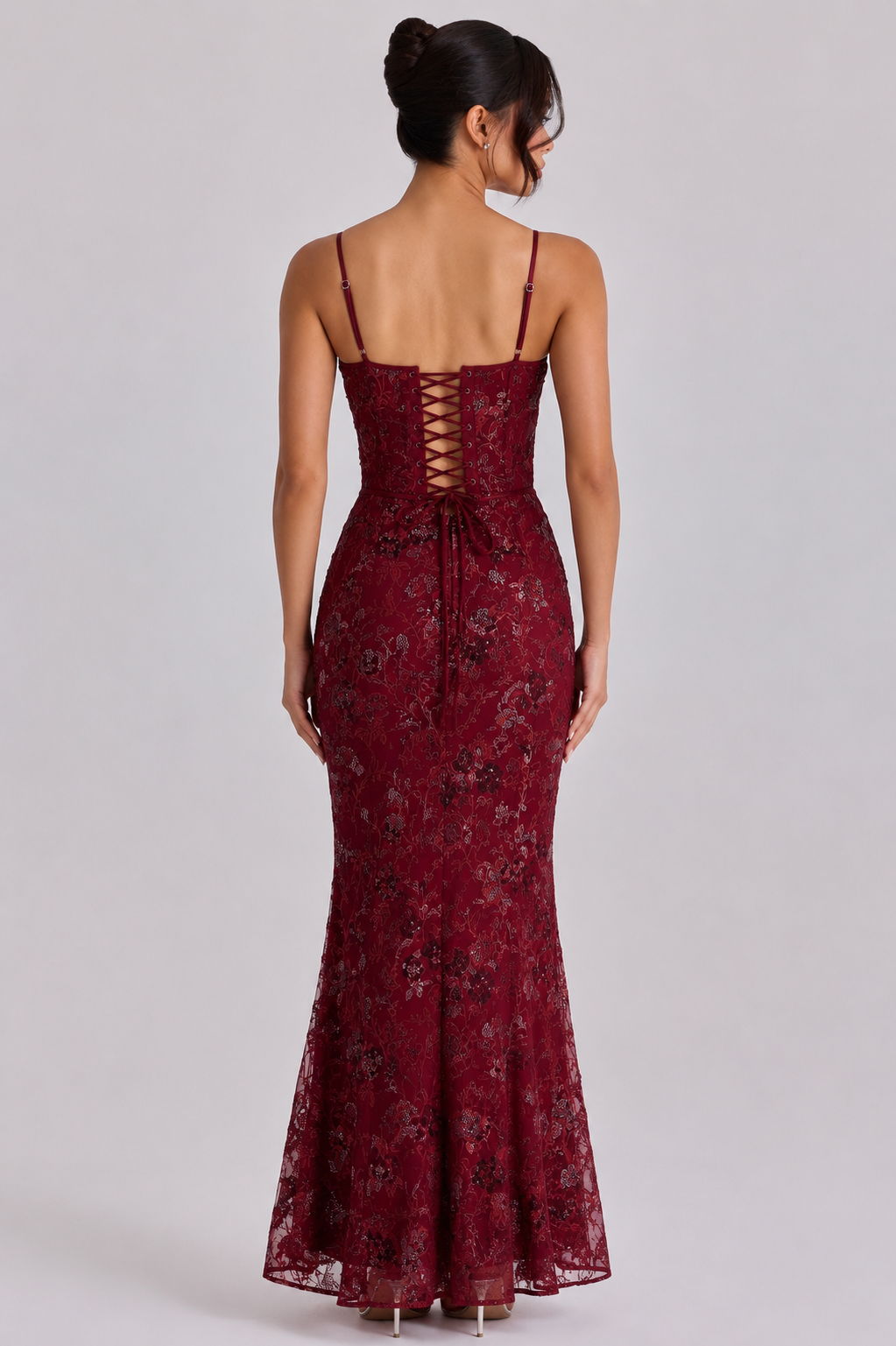 Wine hand embellished corset maxi dress