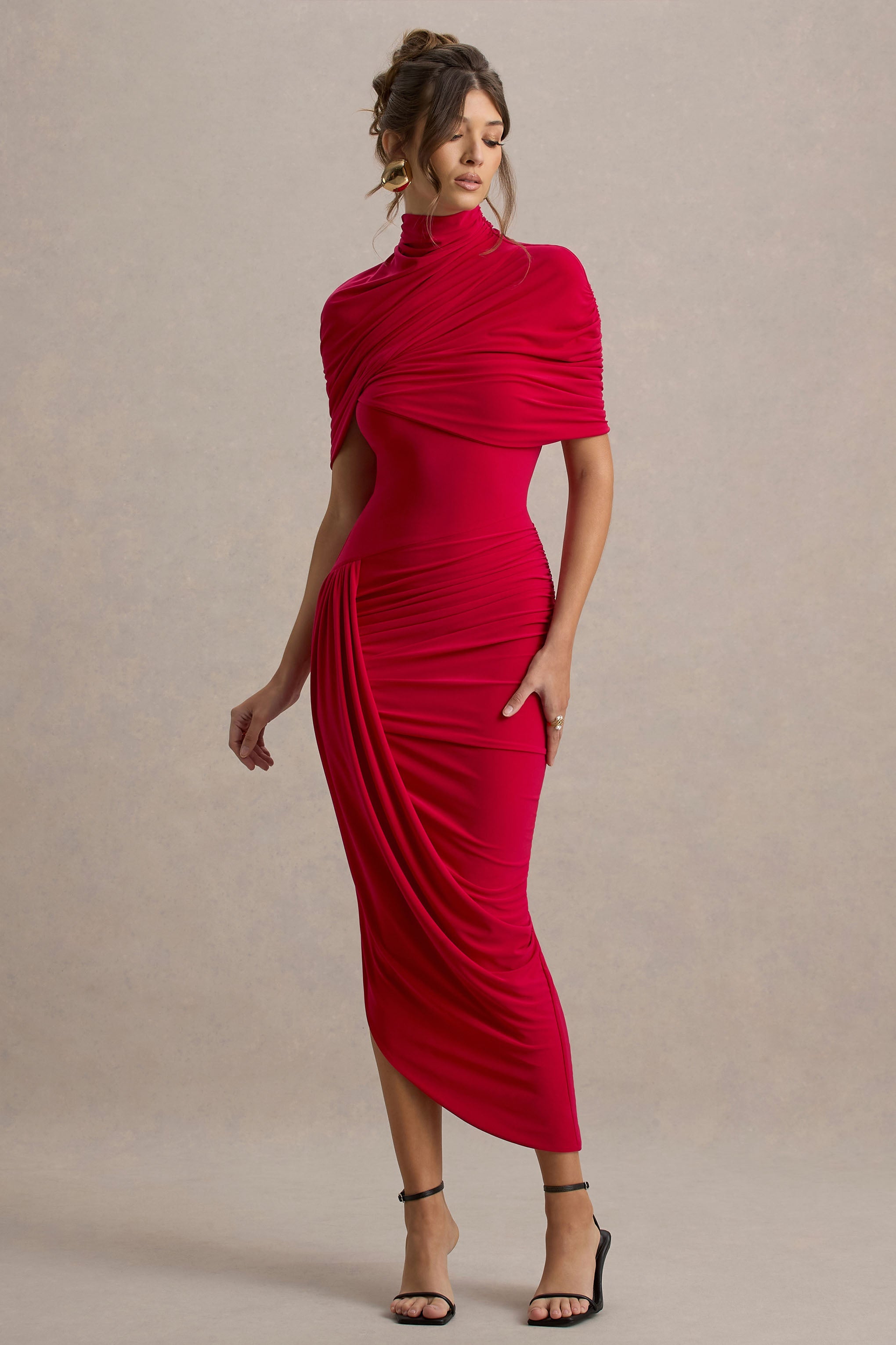 Red Asymmetric Twisted Cape Midi Dress