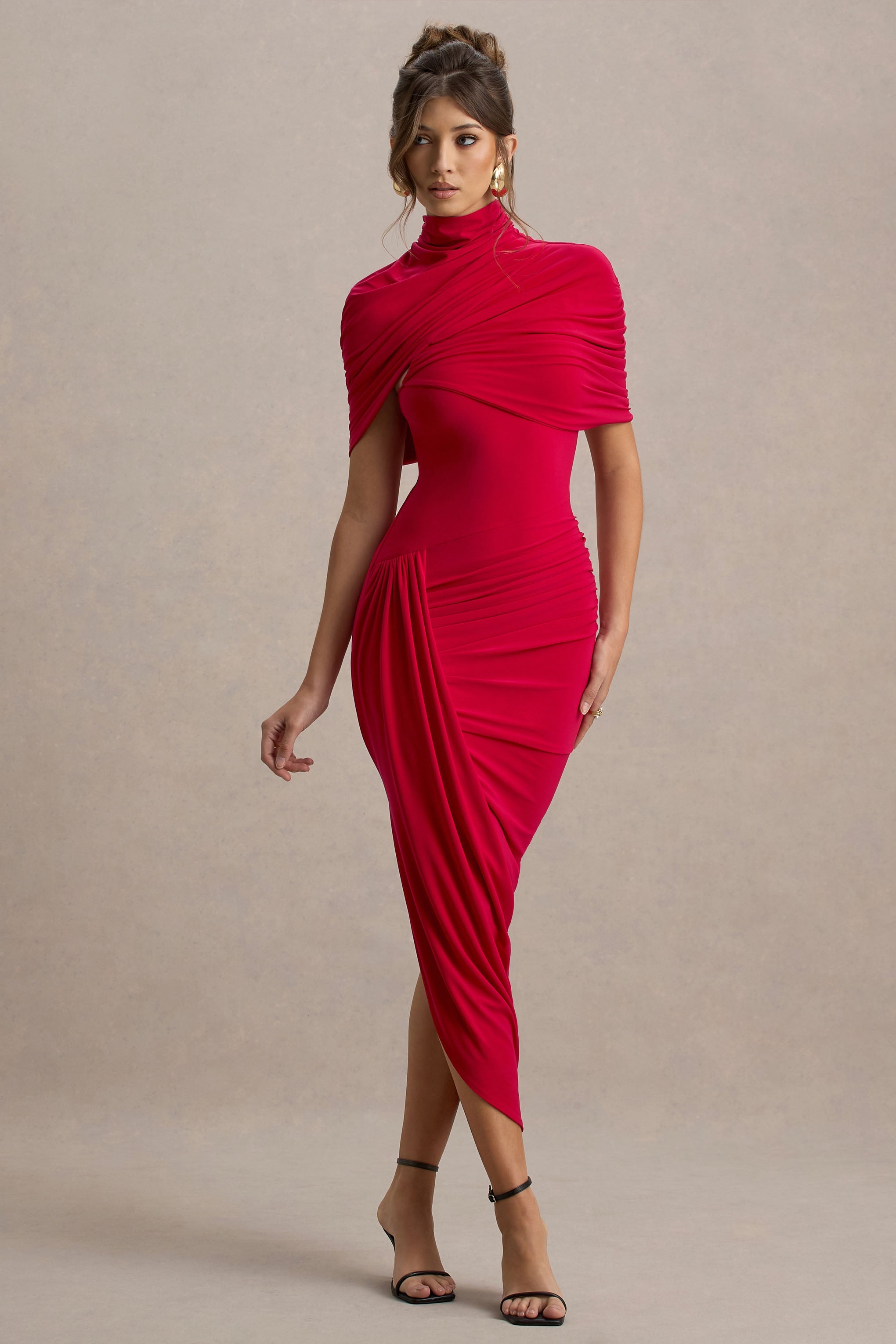 Red Asymmetric Twisted Cape Midi Dress