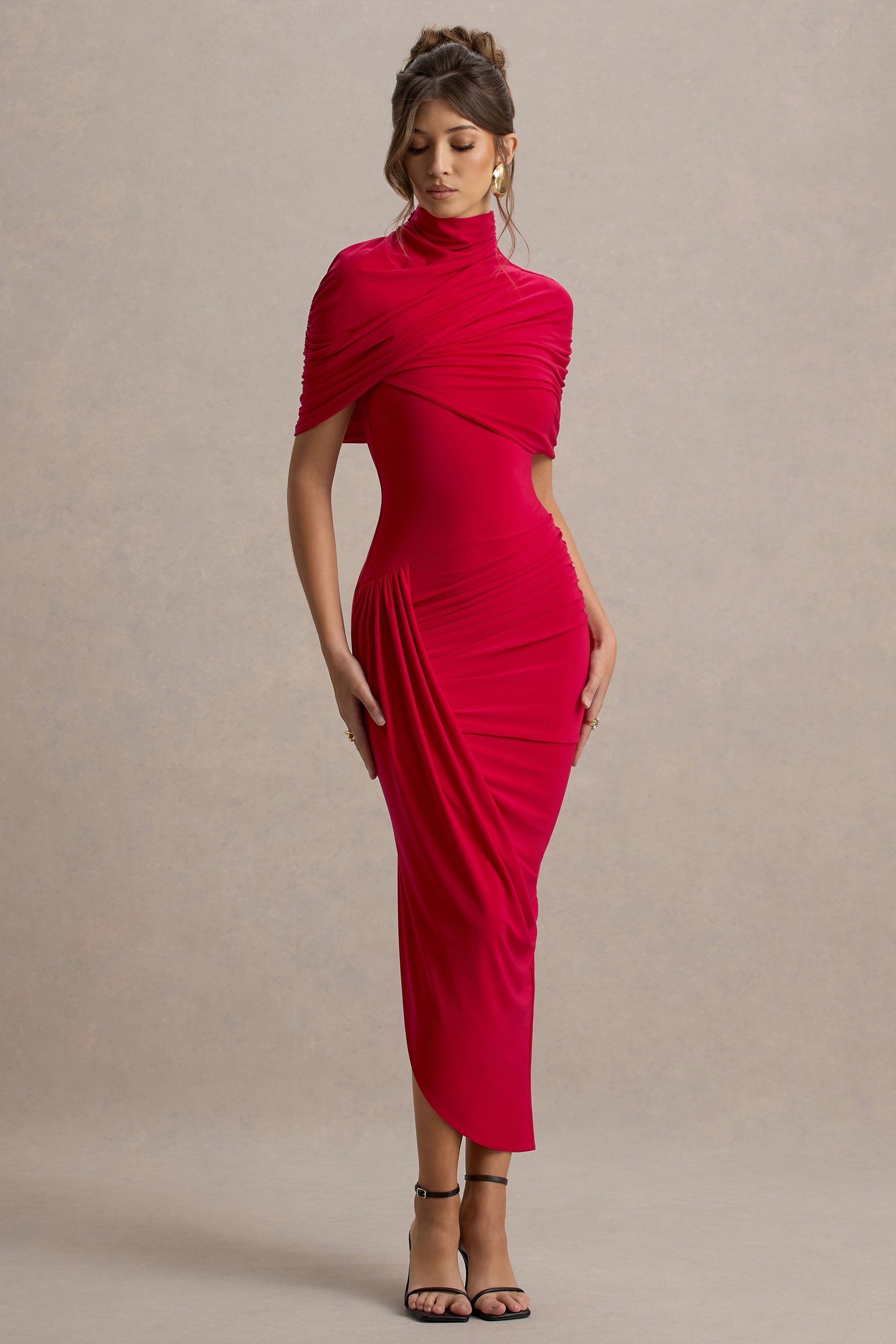 Red Asymmetric Twisted Cape Midi Dress