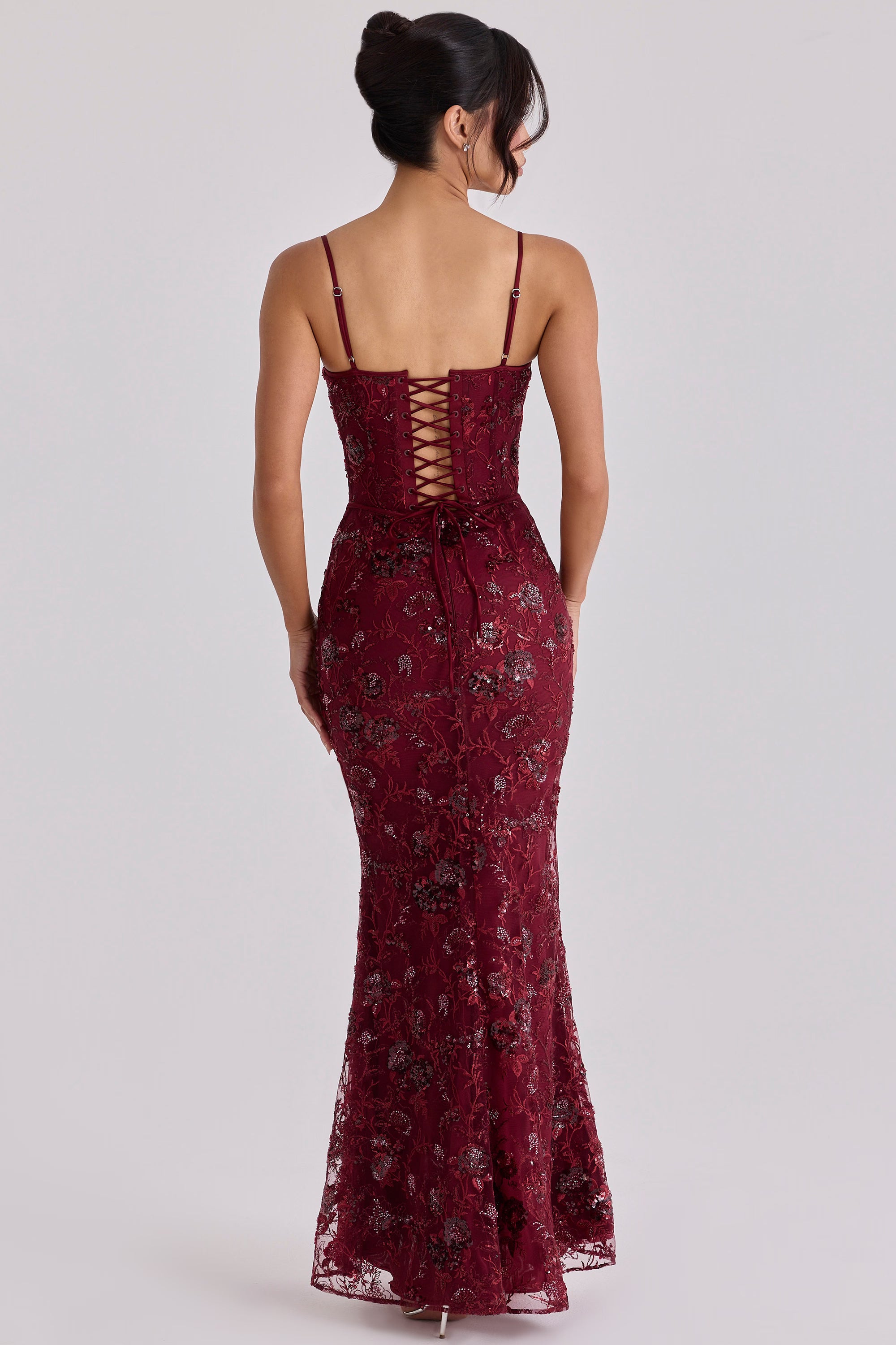 Wine hand beaded embellished corset maxi dress