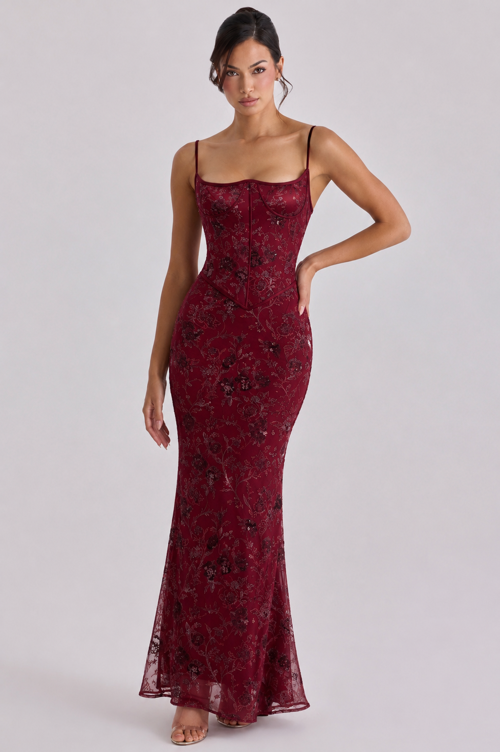 Wine hand embellished corset maxi dress